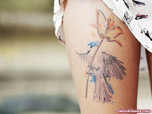 Beautiful Blue Bird With Flower Tattoo On Thigh