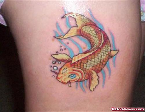 Awesome Colored Fish Thigh Tattoo