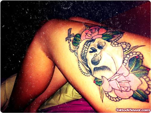 Skull And Pink Rose Thigh Tattoos