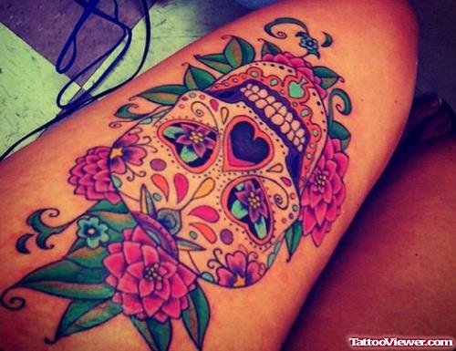 Sugar Skull With Flowers Thigh Tattoo