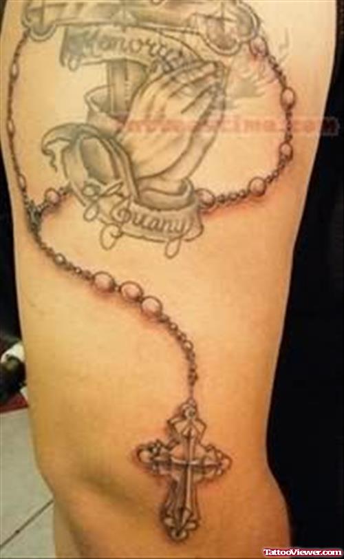 Praying Hands With Cross And Rosary Thigh Tattoo