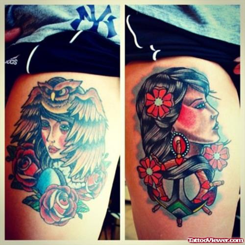 Owl Girl and Rose Flowers With Anchor Thigh Tattoo