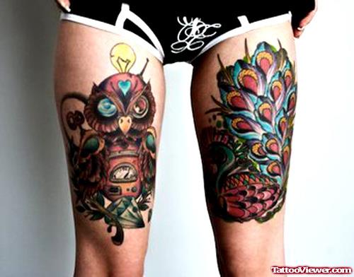 Owl And Peacock Thigh Tattoos