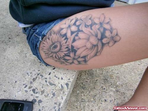 Grey Ink Flowers Thigh Tattoo