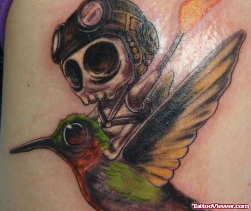 Colored Flying Hummingbird Thigh Tattoo
