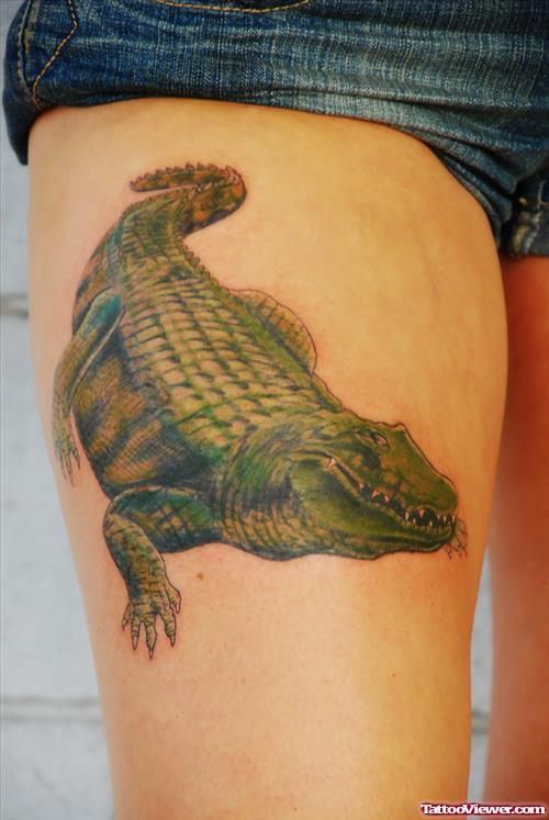 Colored Alligator Tattoo On Right Thigh