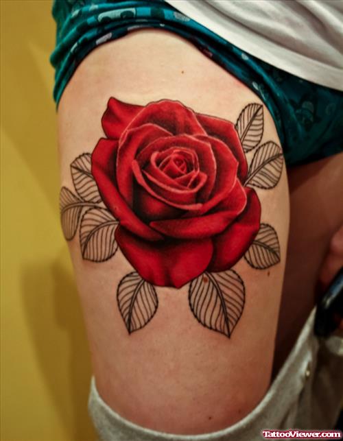 Amazing Red Rose Thigh Tattoo