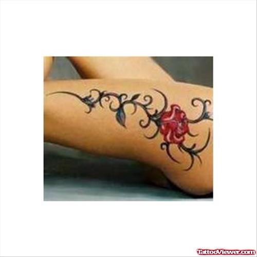 Swirl Red Flower Thigh Tattoo