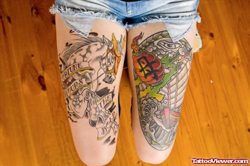 Racing Horse And Japanese Thigh Tattoos