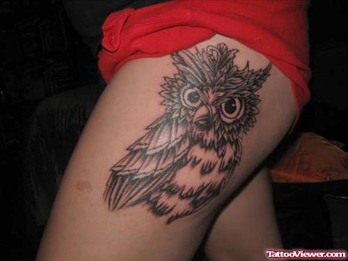 Grey Owl Thigh Tattoo For Girls