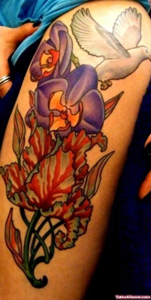 Orchids Flowers And Birds Thigh Tattoo