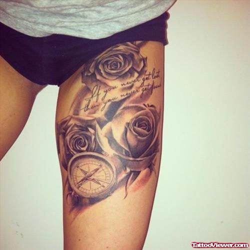 Compass And Rose Flowers Thigh Tattoo