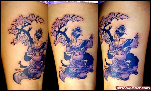 Colored Geisha Girl With Tree Thigh Tattoo