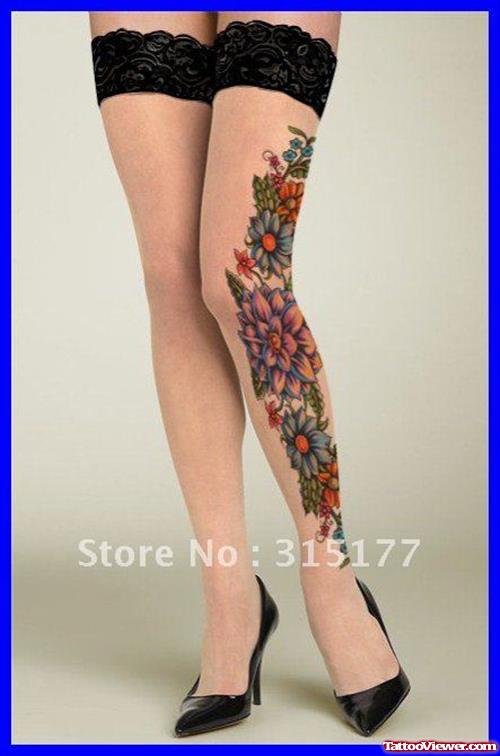 Beautiful Colored Flowers Left Thigh Tattoo