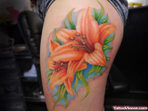 Awesome color Flowers Thigh Tattoo