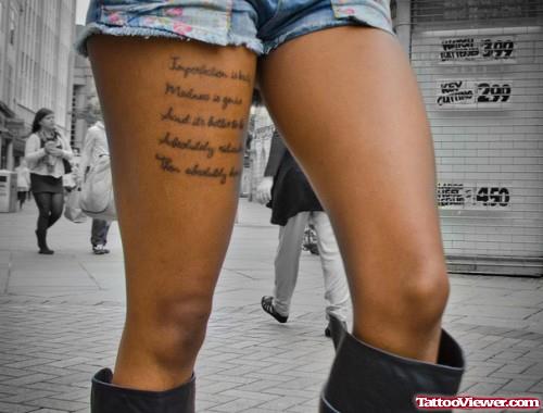 Amazing Script Tattoo On Girl Right Thigh