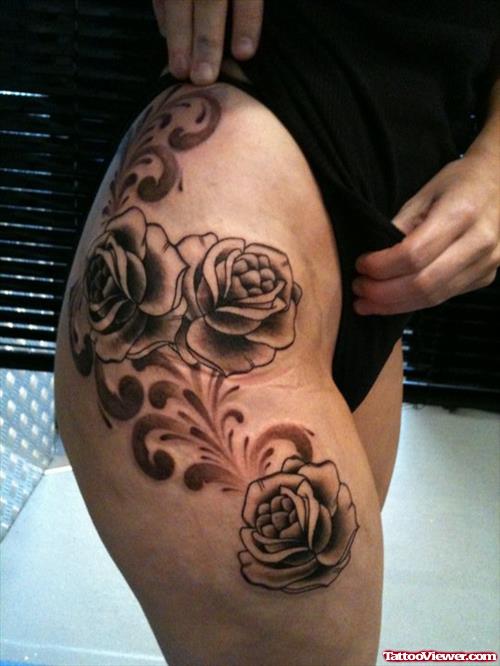 Grey Ink Roses And Thigh Tattoo