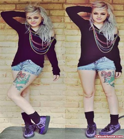 Girl With Colored Left Thigh Tattoo