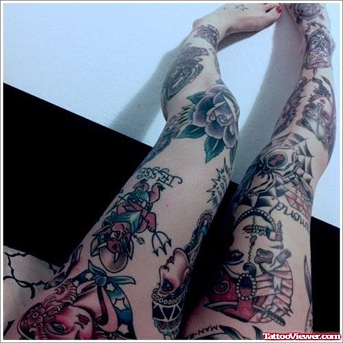 Flowers And Girl Head Thigh Tattoos