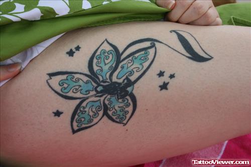 Blue Flower Thigh Tattoo For Girls
