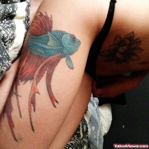 Blue Fish Thigh Tattoo