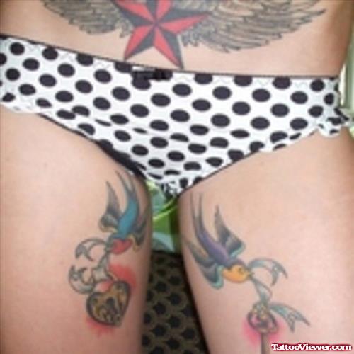Birds Flying With Lock And Key Thigh Tattoos