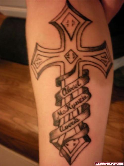 Banner And Cross Tattoo On Thigh