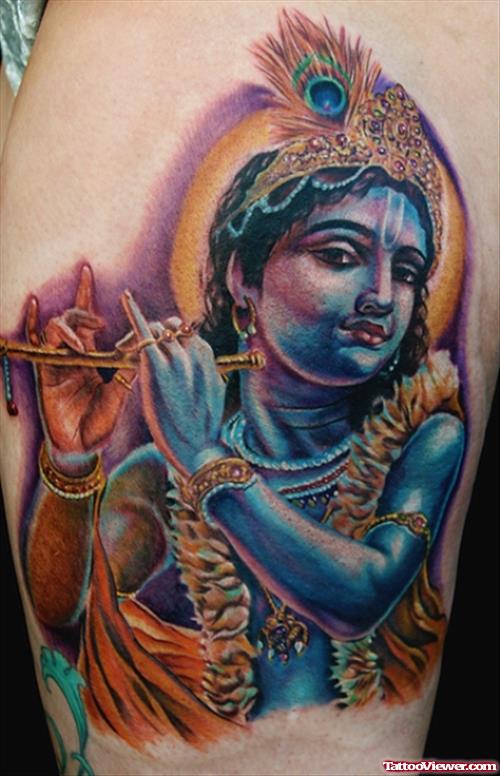 Awesome Colored Lord Krishan Tattoo On Thigh