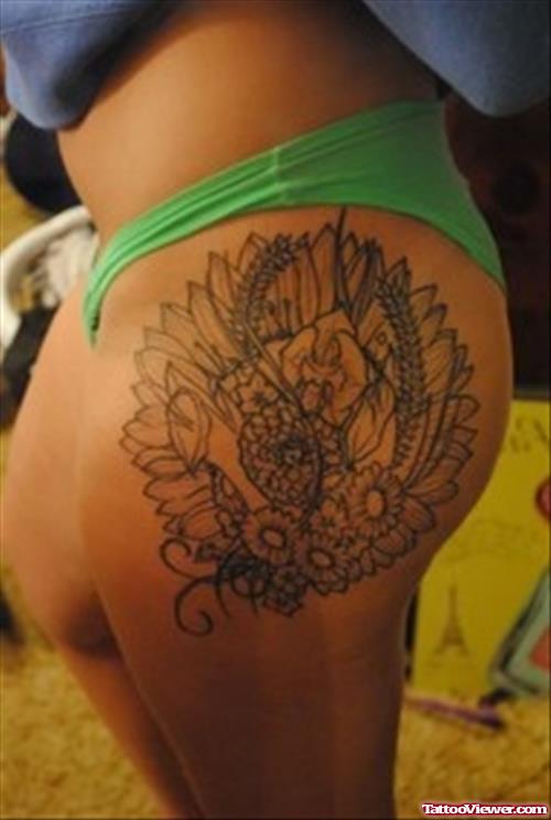 Amazing Grey Flowers Thigh Tattoo