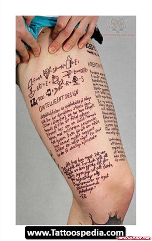 Script Tattoo On Left Thigh