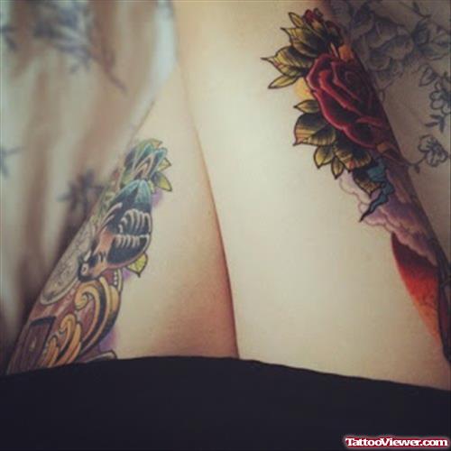Rose Flower Tattoo On Right Thigh