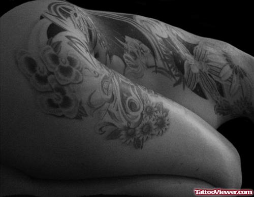 Rib Side And Thigh Flowers Tattoos