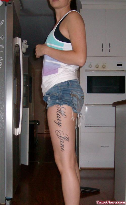 Mary Jane Side Thigh Tattoo