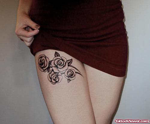 Grey Rose Flowers Tattoos On Thigh