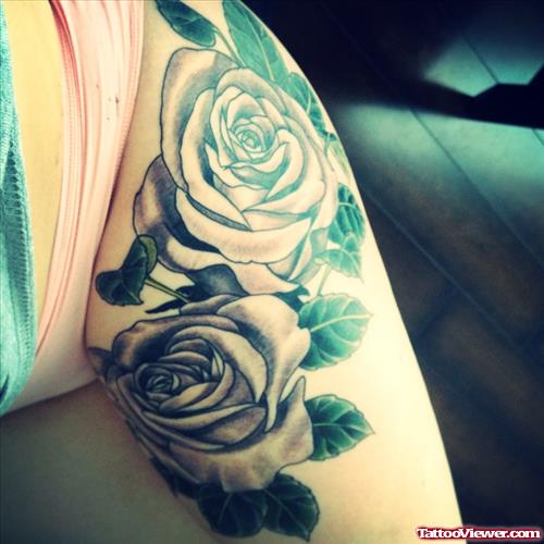 Grey Rose Flowers Left Thigh Tattoo