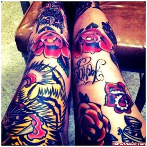Dragon And Red Roses Thigh Tattoos