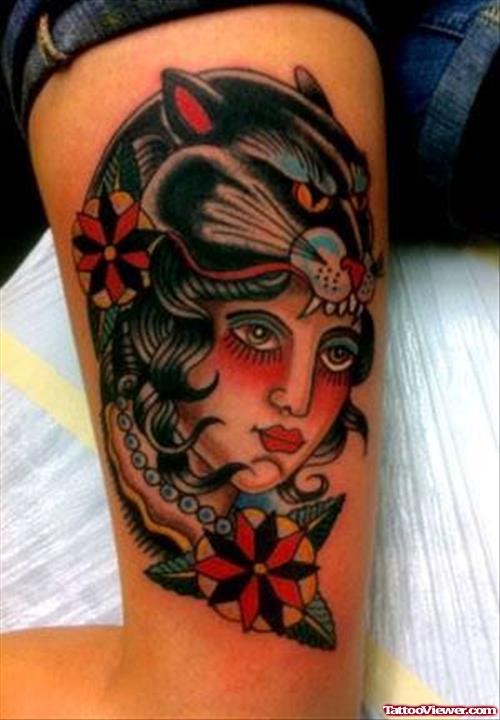 colored Girl Face In Panther Mouth Thigh Tattoo