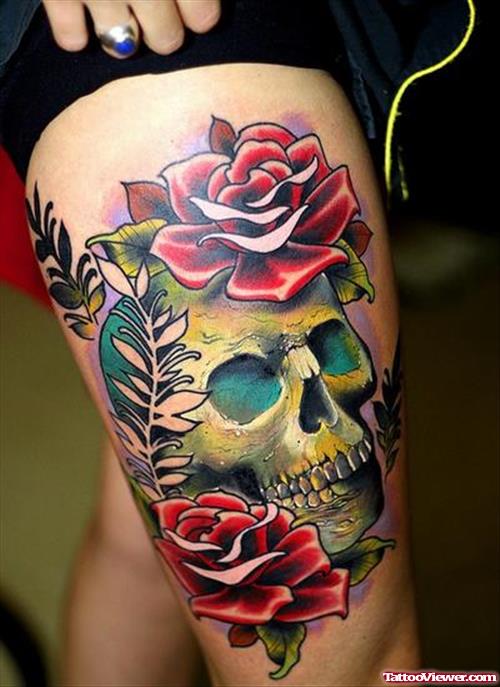 Red Roses And Skull Thigh Tattoo