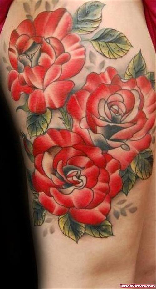 Red Flowers Tattoos On Thigh