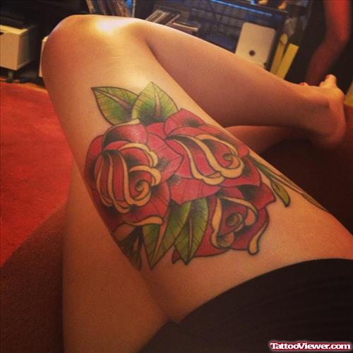 Red Flowers Right Thigh Tattoo