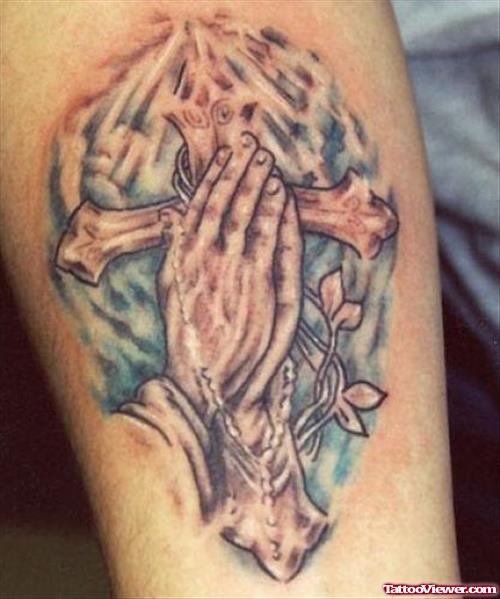 Praying Hands And Cross Thigh Tattoo