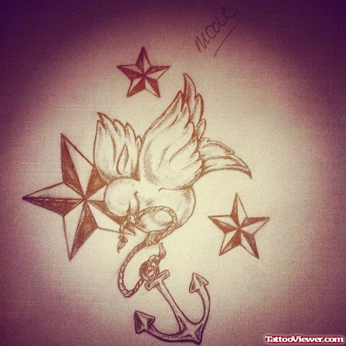 Nautical Stars And Bird With Anchor Thigh Tattoo Design