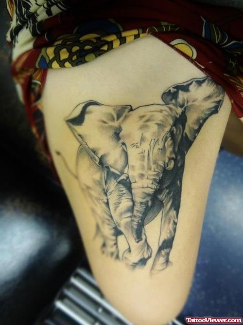 Grey Ink Elephant Thigh Tattoo