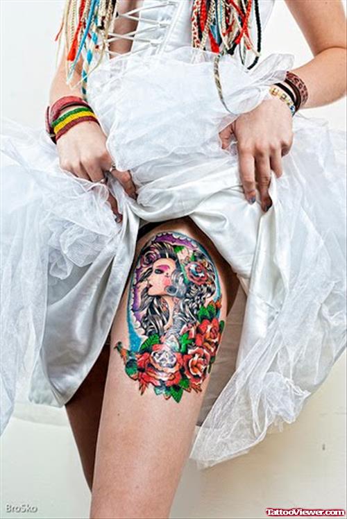 Girl Showing Left Thigh Tattoo
