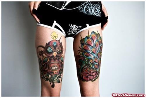 Colored Owl And Peacock Thigh Tattoos