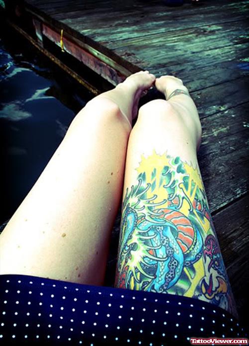 Blue Snake Right Thigh Tattoo