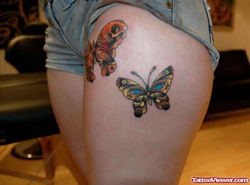 Beautiful Colored Butterflies Tattoos On Left Thigh