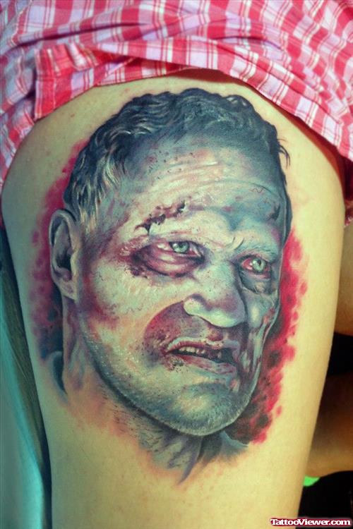Zombie Face Tattoo On Thigh