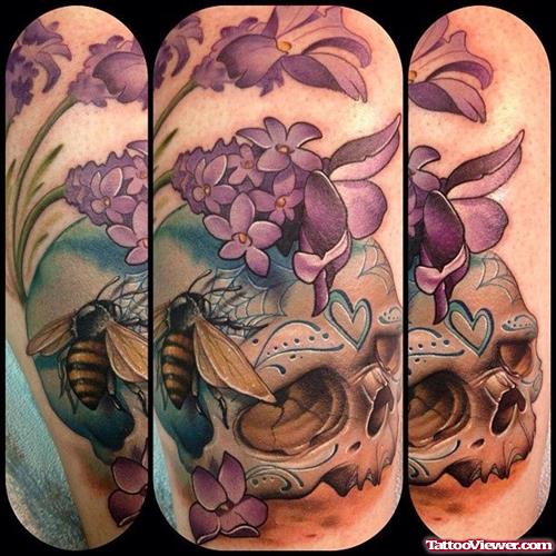 Vine Flowers And Skull Thigh Tattoo