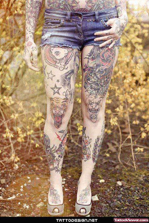 Unicorn Head And Colored Girl Head Thigh Tattoos